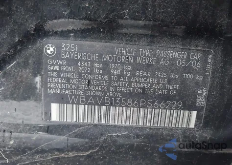 2006 BMW 325I z USA, uszkodzony, nr VIN WBAVB13586PS66229